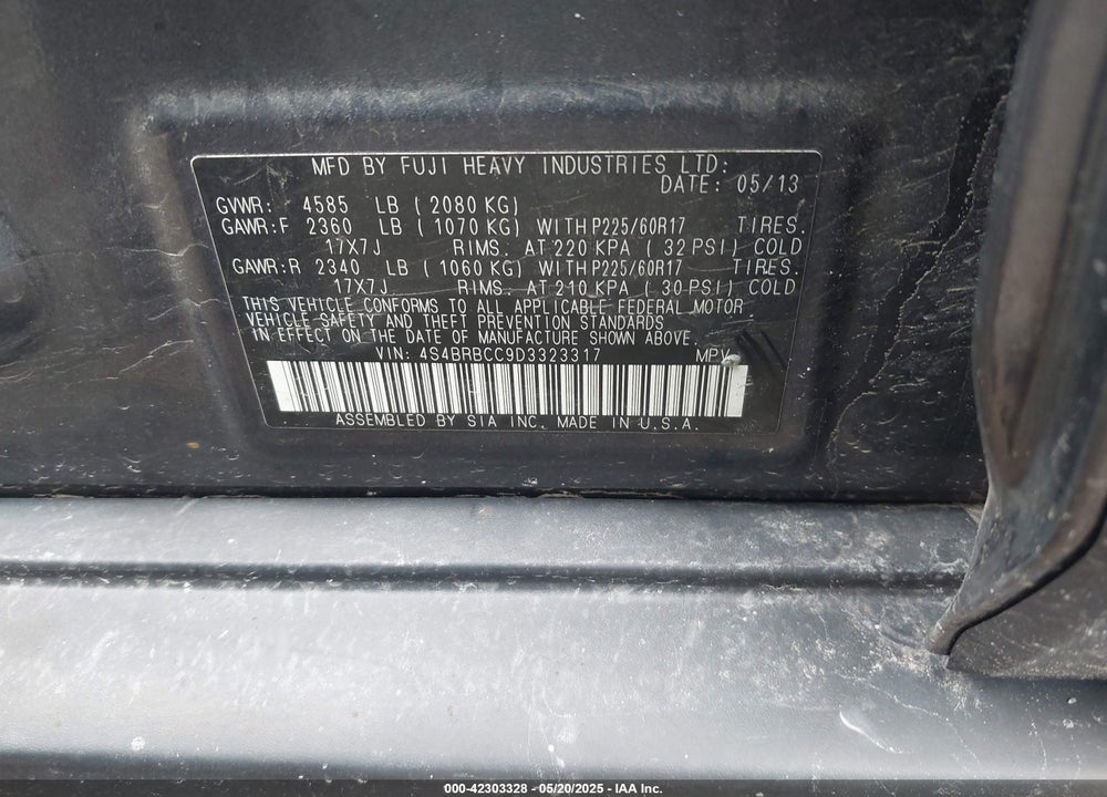 2013 SUBARU OUTBACK VIN: 4S4BRBCC9D3323317