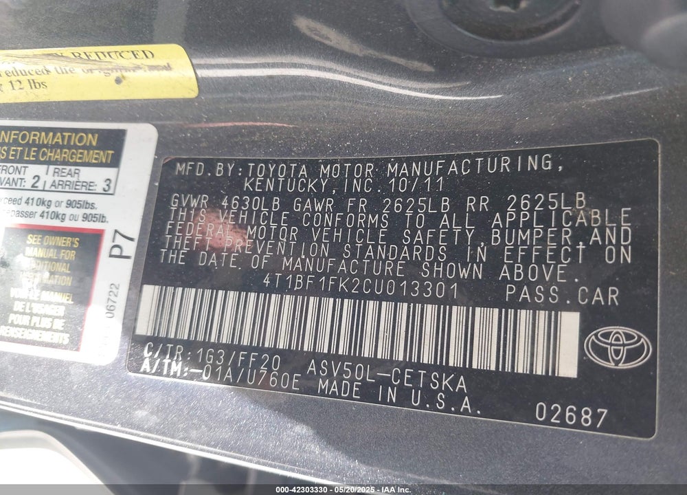 2012 TOYOTA CAMRY VIN: 4T1BF1FK2CU013301