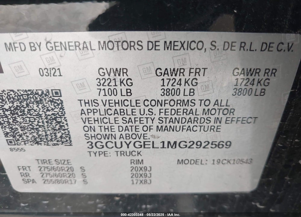 2021 CHEVROLET SILVERADO 1500 VIN: 3GCUYGEL1MG292569