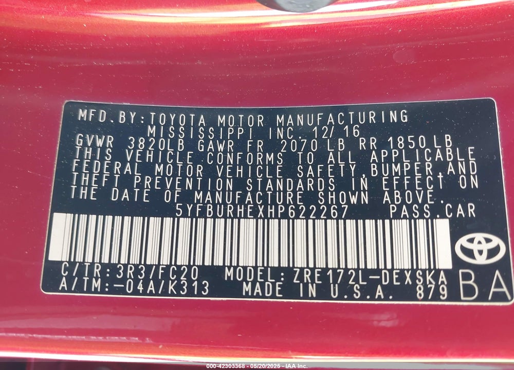 2017 TOYOTA COROLLA VIN: 5YFBURHEXHP622267