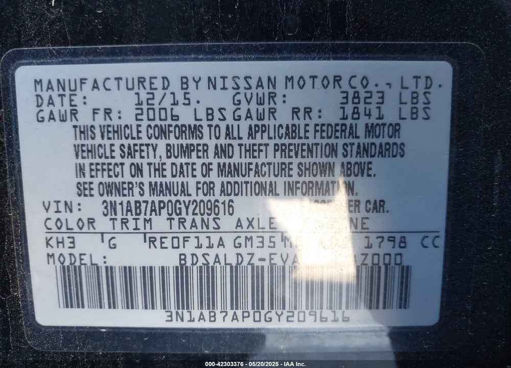 2016 NISSAN SENTRA VIN: 3N1AB7AP0GY209616