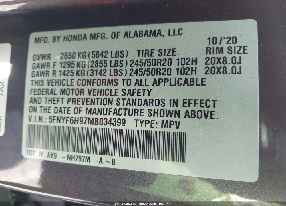 2021 HONDA PILOT VIN: 5FNYF6H97MB034399
