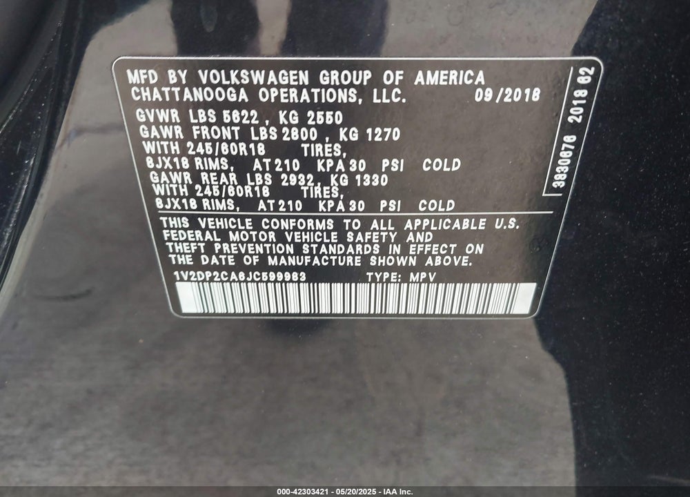 2018 VOLKSWAGEN ATLAS VIN: 1V2DP2CA6JC599983