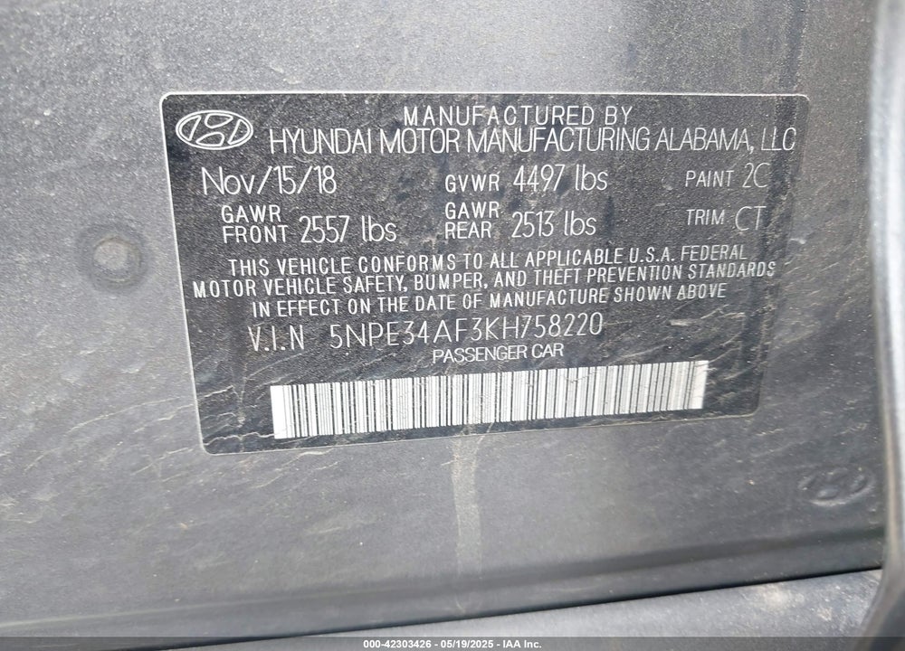 2019 HYUNDAI SONATA SPORT VIN: 5NPE34AF3KH758220