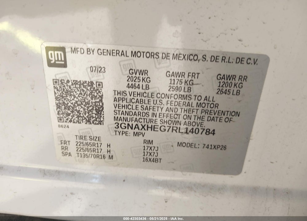 2024 CHEVROLET EQUINOX VIN: 3GNAXHEG7RL140784