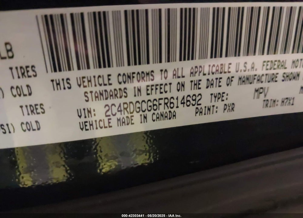 2015 DODGE GRAND CARAVAN VIN: 2C4RDGCG6FR614692
