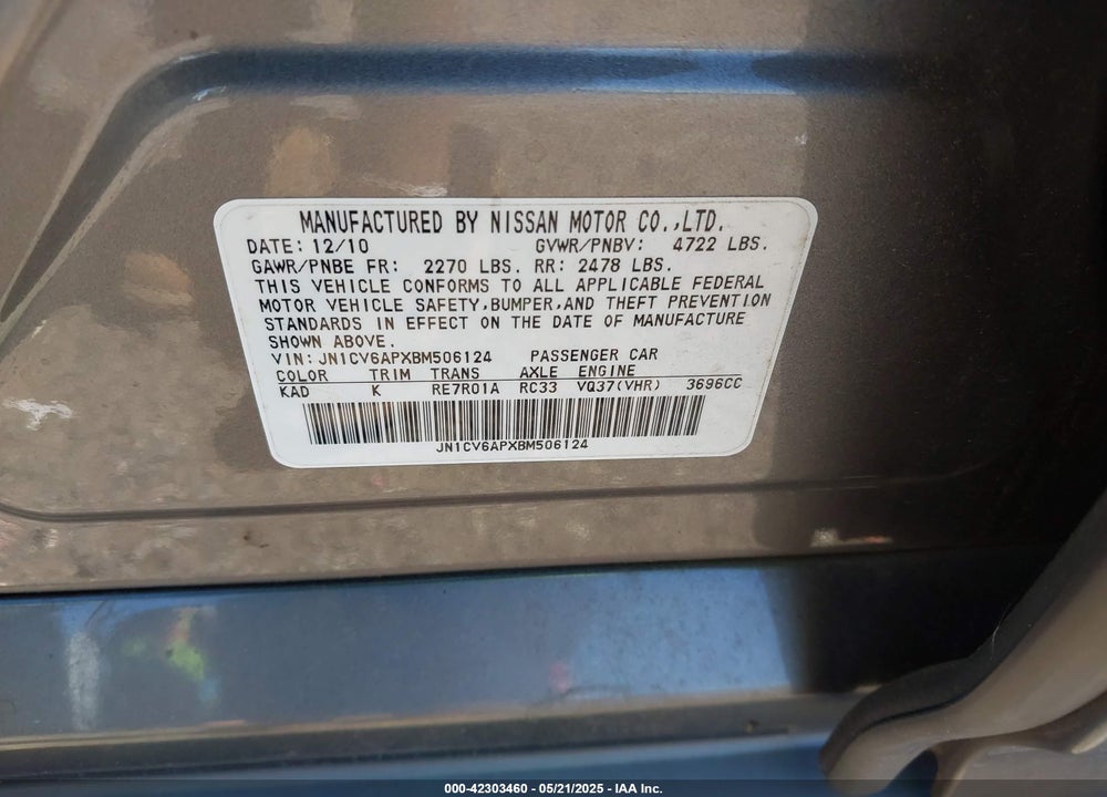 2011 INFINITI G37 VIN: JN1CV6APXBM506124