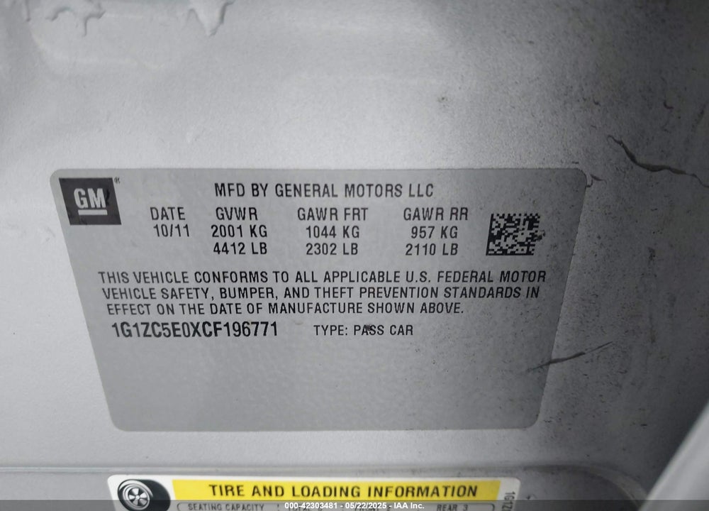 2012 CHEVROLET MALIBU VIN: 1G1ZC5E0XCF196771