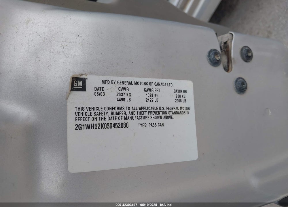 2003 CHEVROLET IMPALA LS VIN: 2G1WH52K039452080