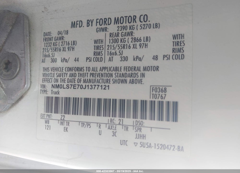 2018 FORD TRANSIT CONNECT XL VIN: NM0LS7E70J1377121