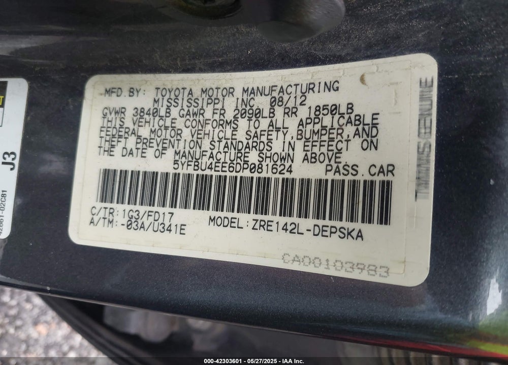 2013 TOYOTA COROLLA VIN: 5YFBU4EE6DP081624