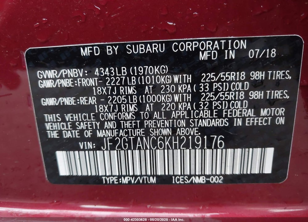 2019 SUBARU CROSSTREK 2.0I LIMITED VIN: JF2GTANC6KH219176