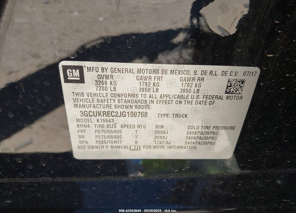 2018 CHEVROLET SILVERADO 1500 VIN: 3GCUKREC2JG109768