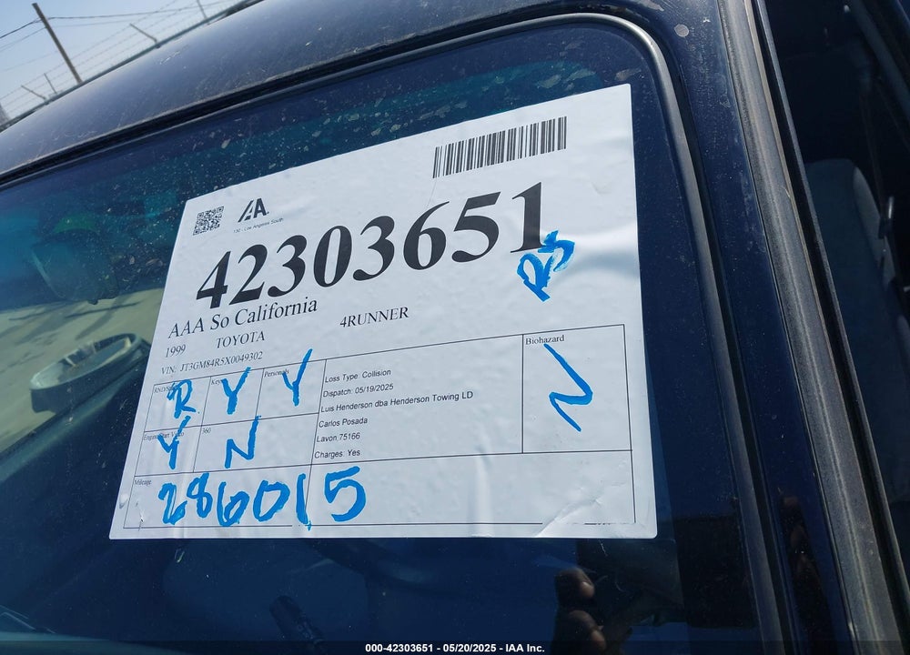 1999 TOYOTA 4RUNNER VIN: JT3GM84R5X0049302
