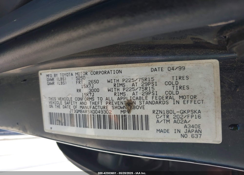 1999 TOYOTA 4RUNNER VIN: JT3GM84R5X0049302