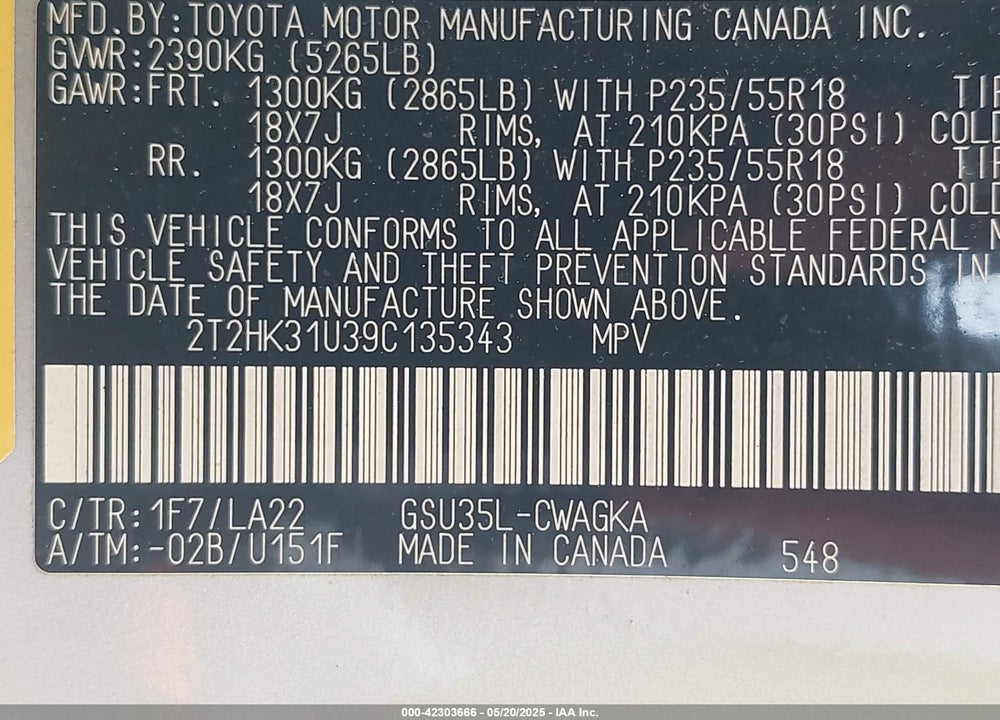 2009 LEXUS RX350 VIN: 2T2HK31U39C135343