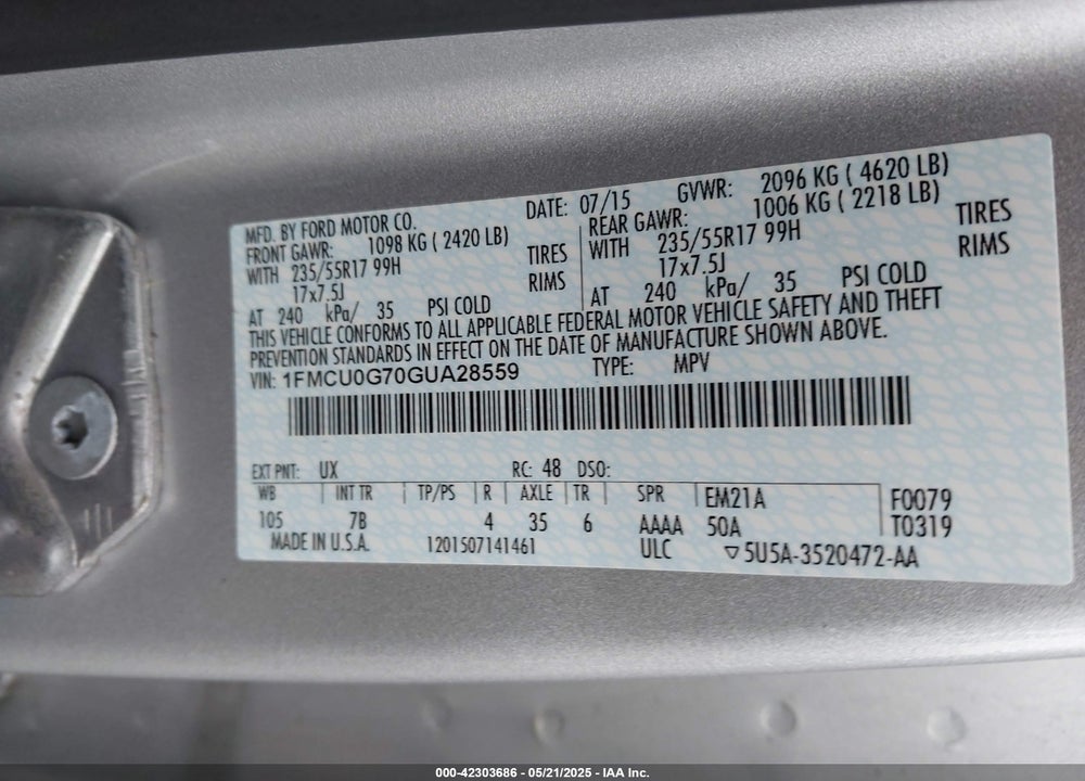 2016 FORD ESCAPE VIN: 1FMCU0G70GUA28559