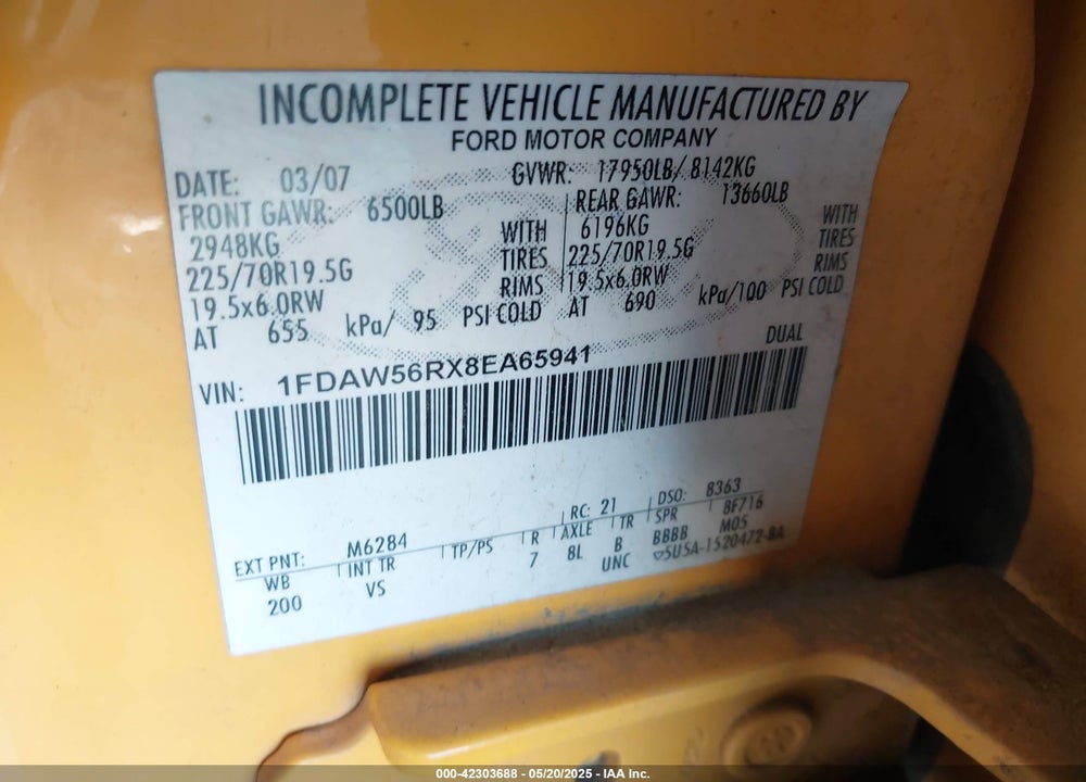 2008 FORD F-550 CHASSIS LARIAT/XL/XLT VIN: 1FDAW56RX8EA65941