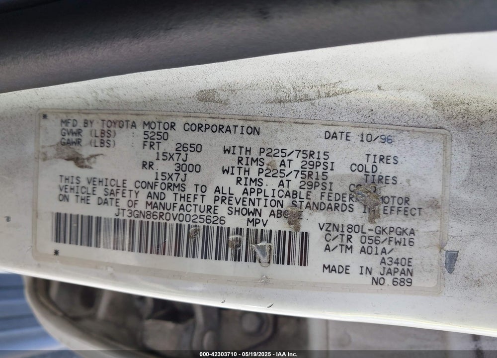 1997 TOYOTA 4RUNNER SR5 V6 VIN: JT3GN86R0V0025626