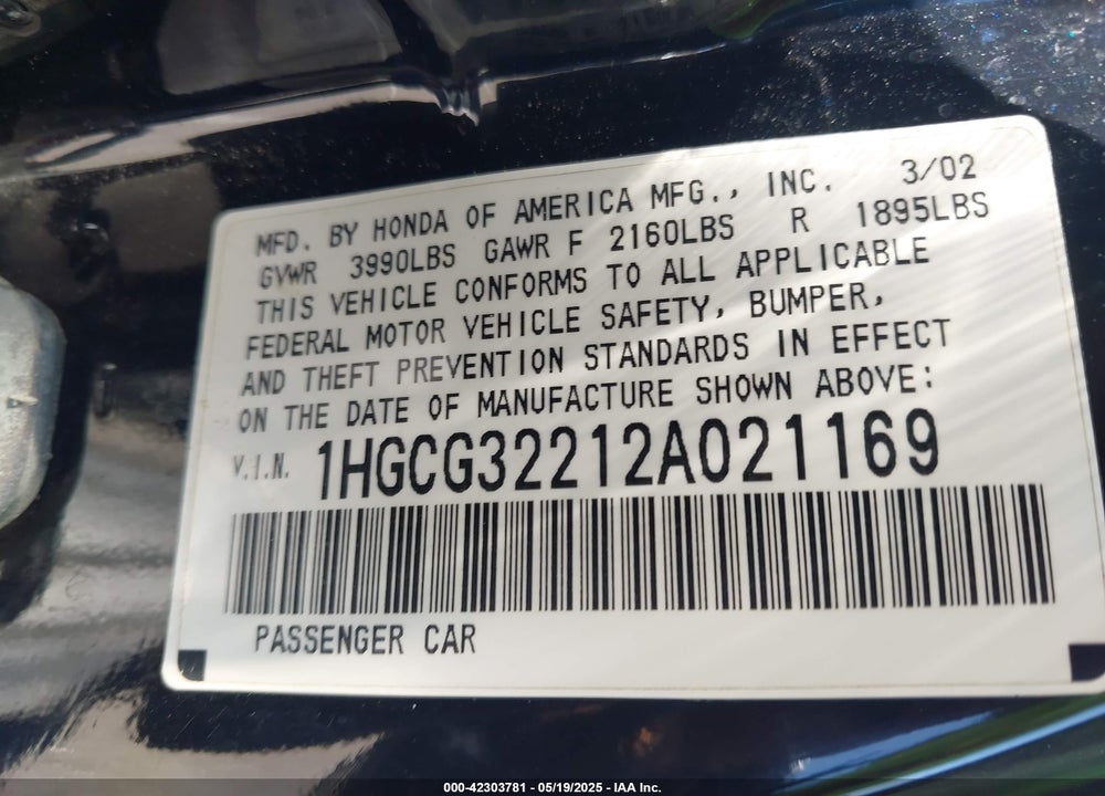 2002 HONDA ACCORD 2.3 SE VIN: 1HGCG32212A021169
