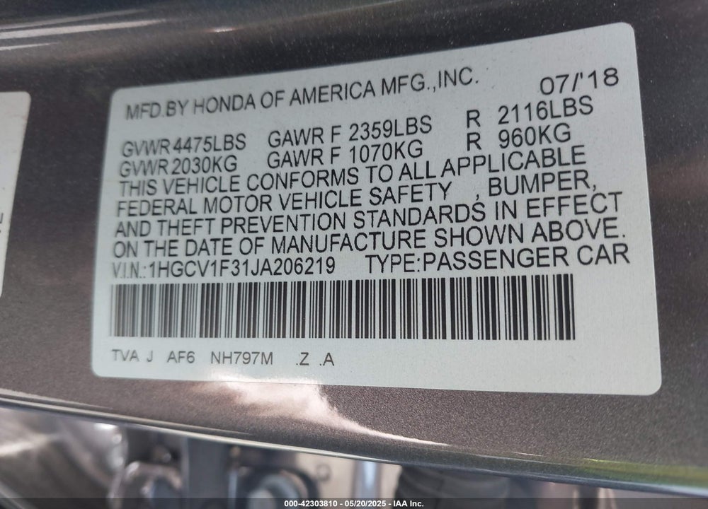 2018 HONDA ACCORD SPORT VIN: 1HGCV1F31JA206219