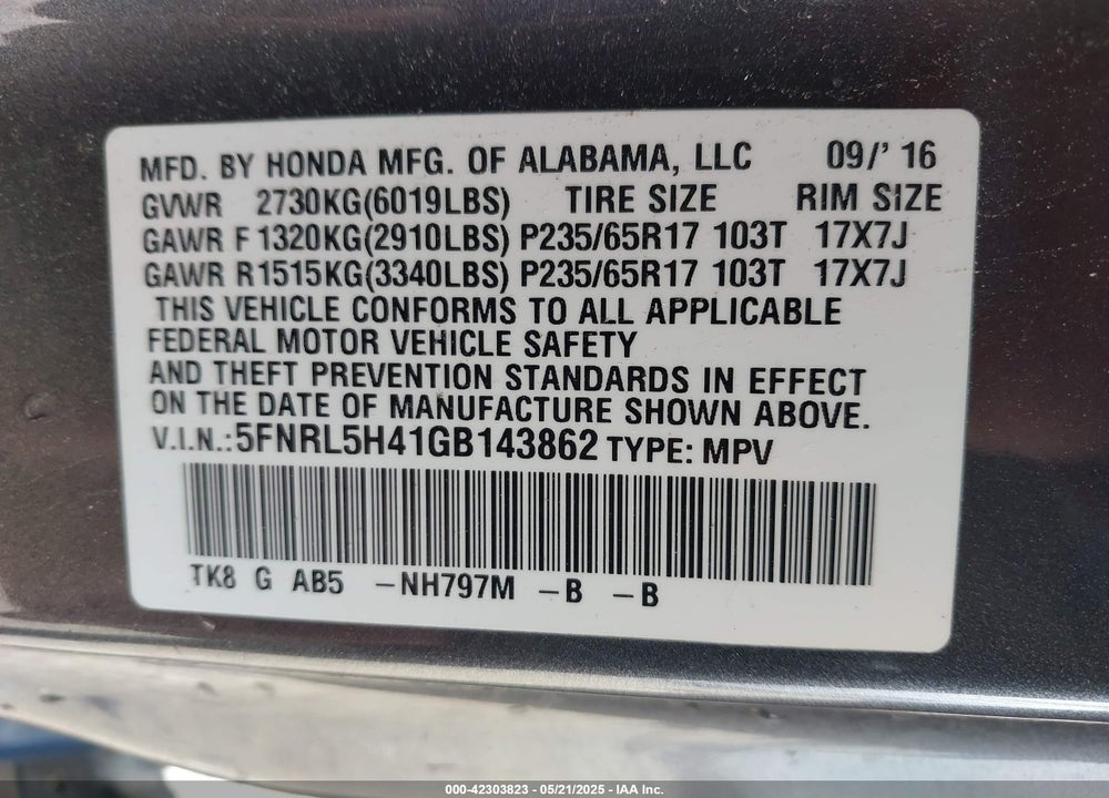2016 HONDA ODYSSEY EX VIN: 5FNRL5H41GB143862