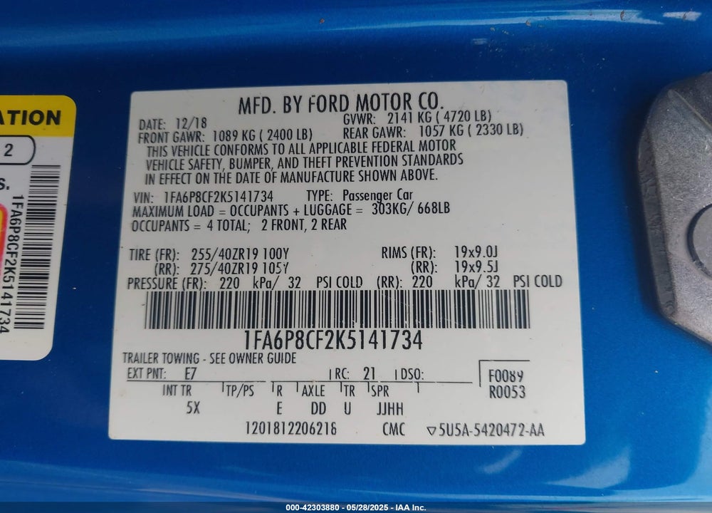2019 FORD MUSTANG VIN: 1FA6P8CF2K5141734