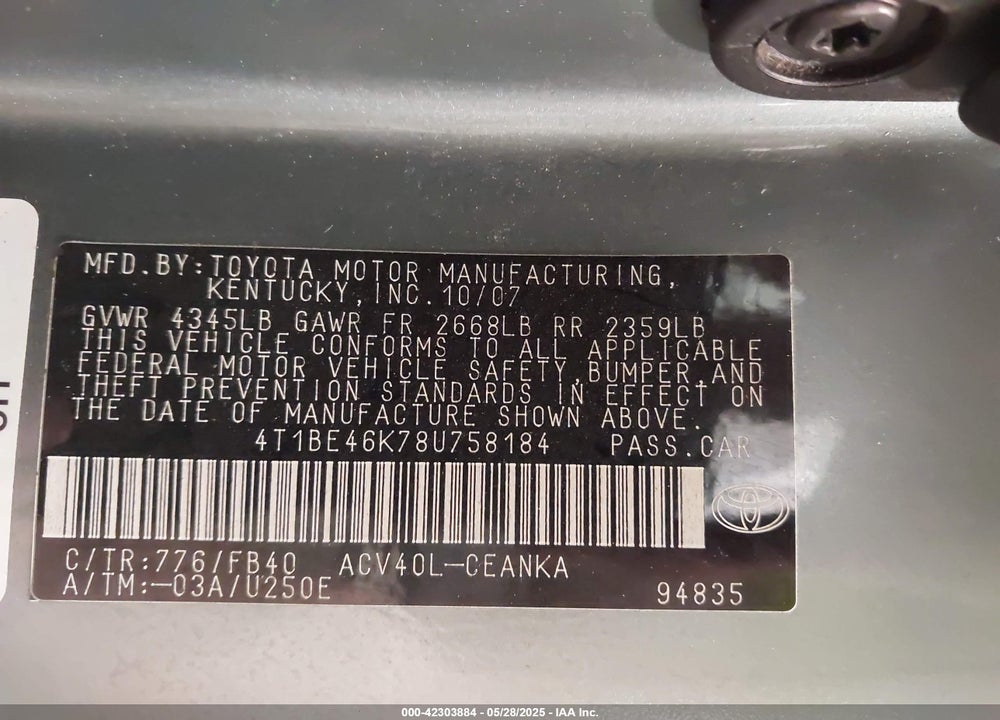 2008 TOYOTA CAMRY VIN: 4T1BE46K78U758184