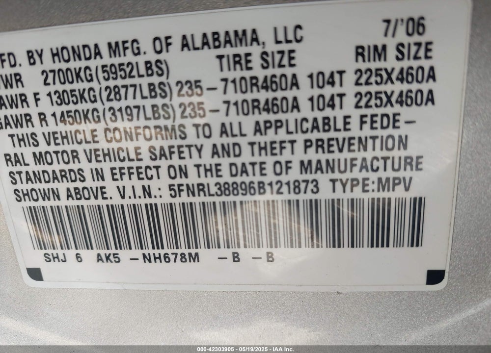 2006 HONDA ODYSSEY VIN: 5FNRL38896B121873