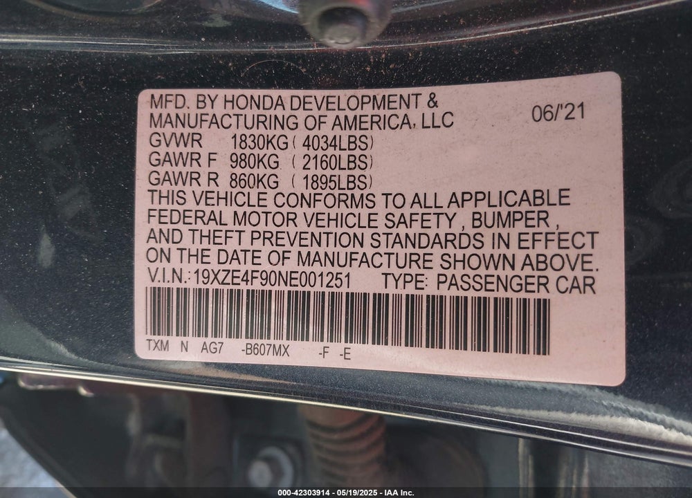 2022 HONDA INSIGHT TOURING VIN: 19XZE4F90NE001251
