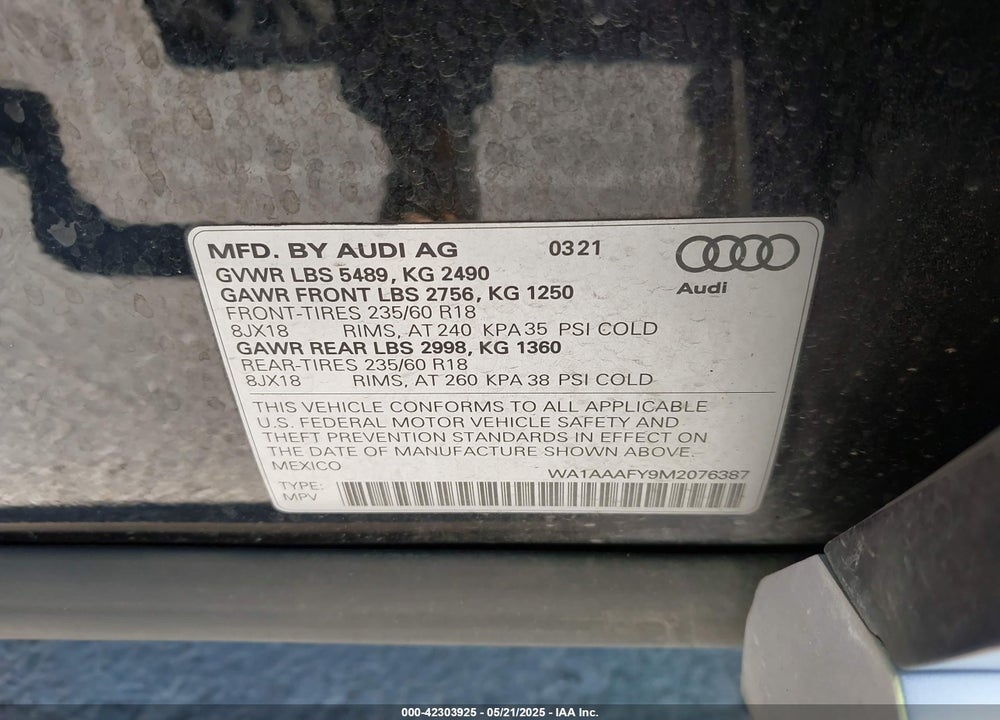 2021 AUDI Q5 PREMIUM 45 TFSI QUATTRO S TRONIC VIN: WA1AAAFY9M2076387