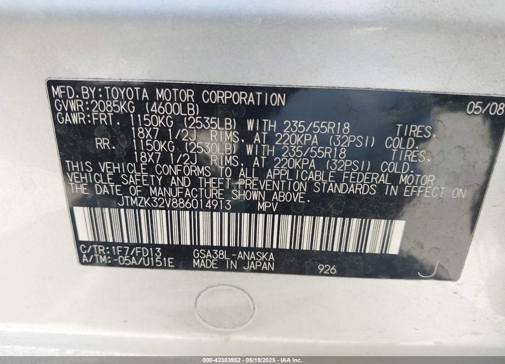 2008 TOYOTA RAV4 SPORT V6 VIN: JTMZK32V886014913
