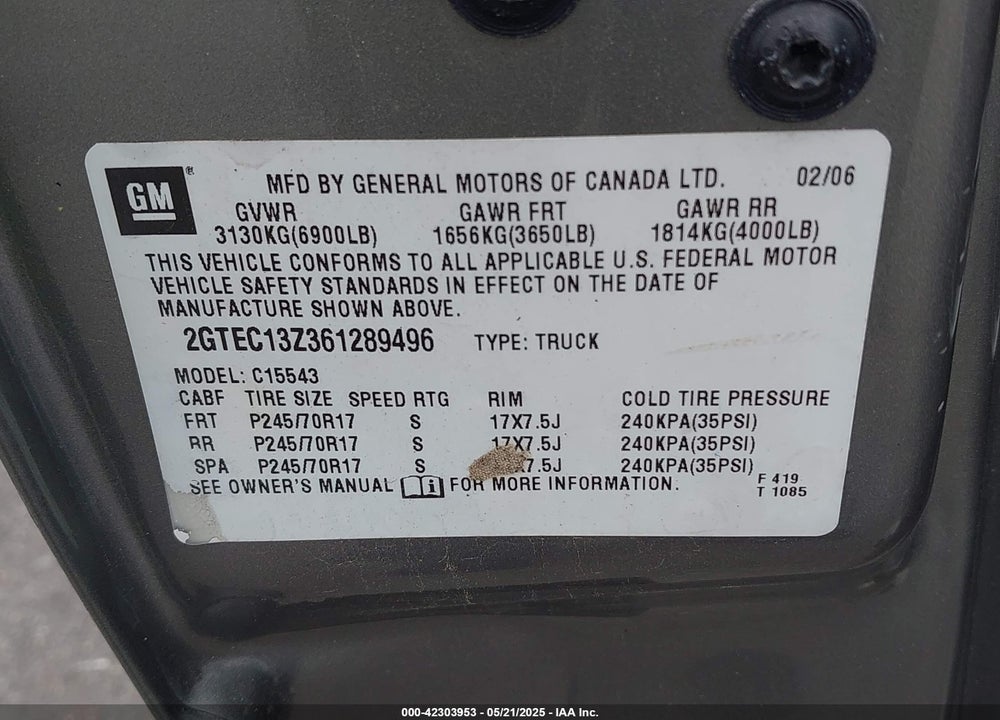 2006 GMC SIERRA 1500 SLE2 VIN: 2GTEC13Z361289496