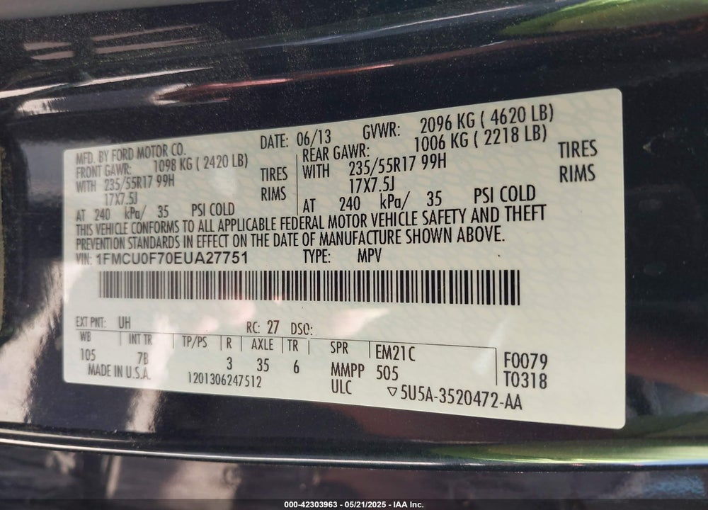 2014 FORD ESCAPE VIN: 1FMCU0F70EUA27751