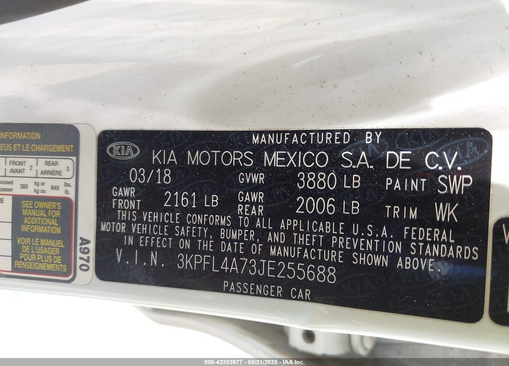 2018 KIA FORTE VIN: 3KPFL4A73JE255688