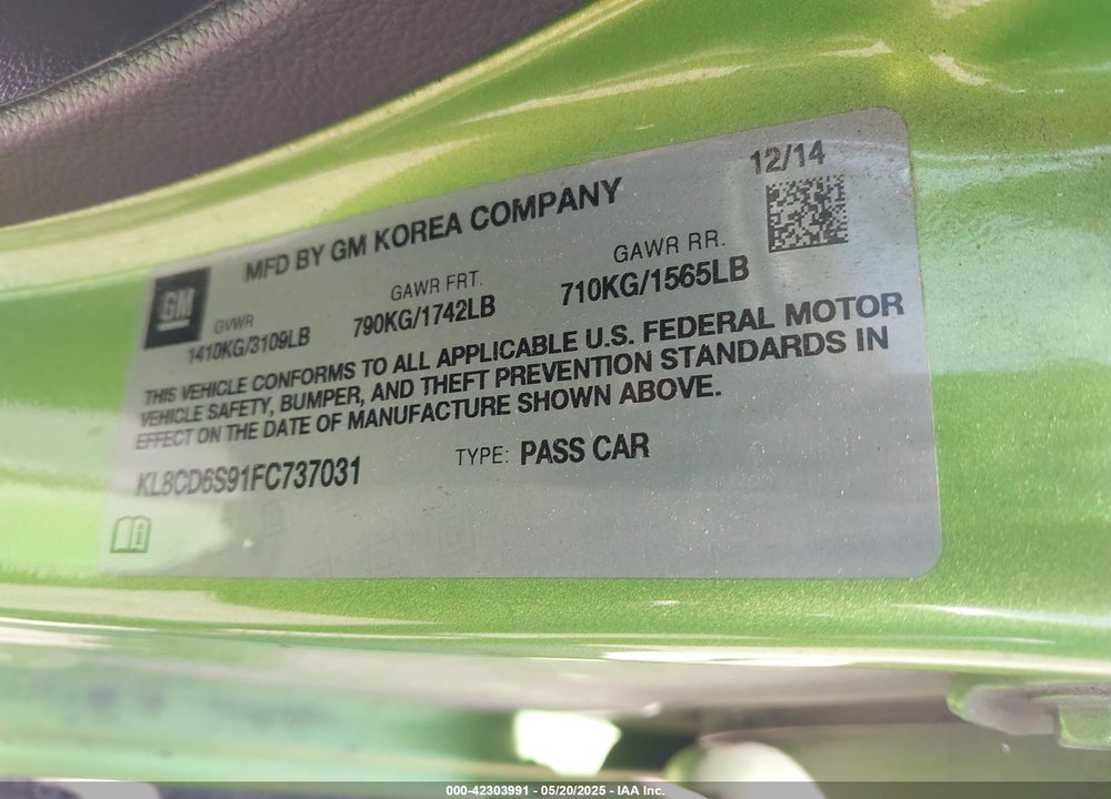 2015 CHEVROLET SPARK VIN: KL8CD6S91FC737031