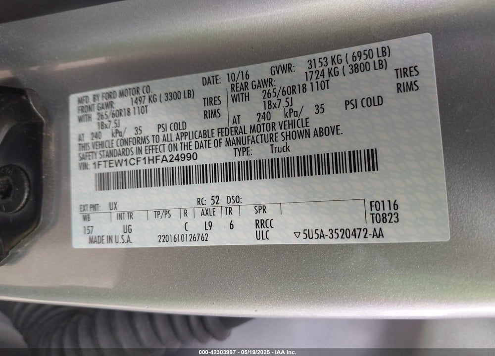 2017 FORD F-150 VIN: 1FTEW1CF1HFA24990