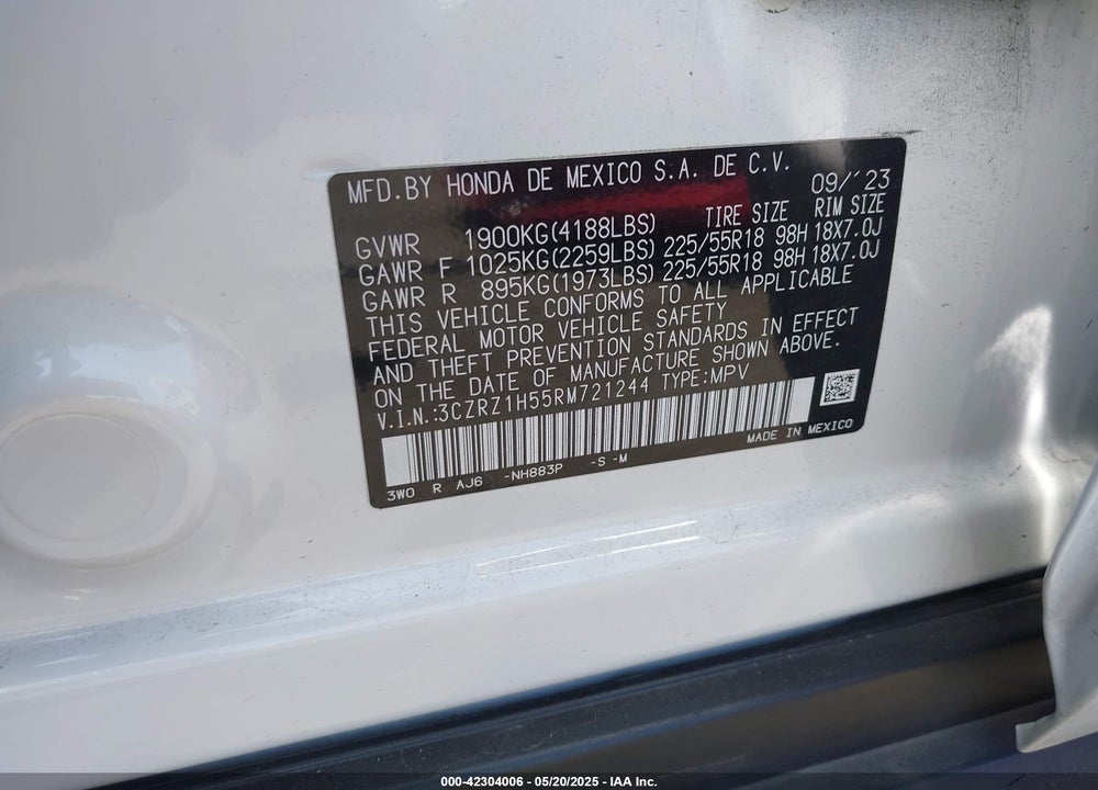 2024 HONDA HR-V VIN: 3CZRZ1H55RM721244