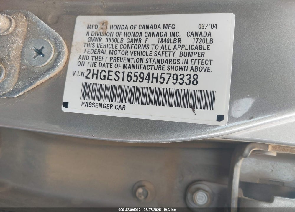 2004 HONDA CIVIC LX VIN: 2HGES16594H579338