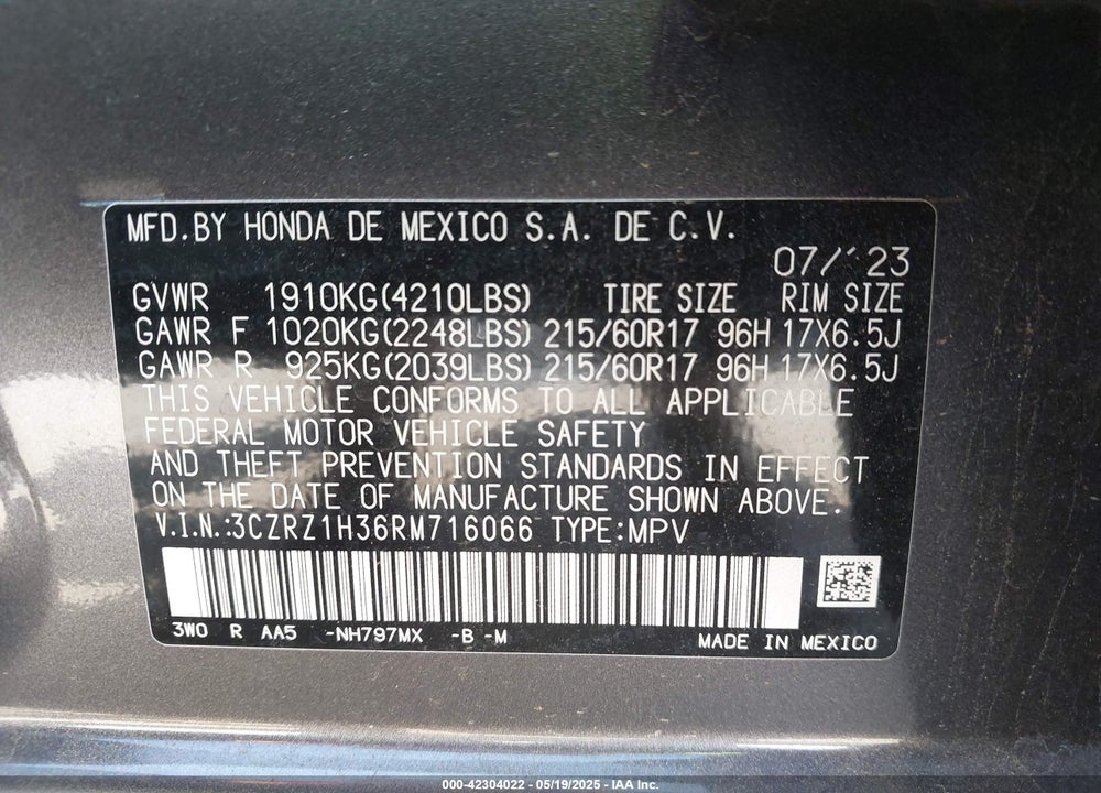 2024 HONDA HR-V VIN: 3CZRZ1H36RM716066