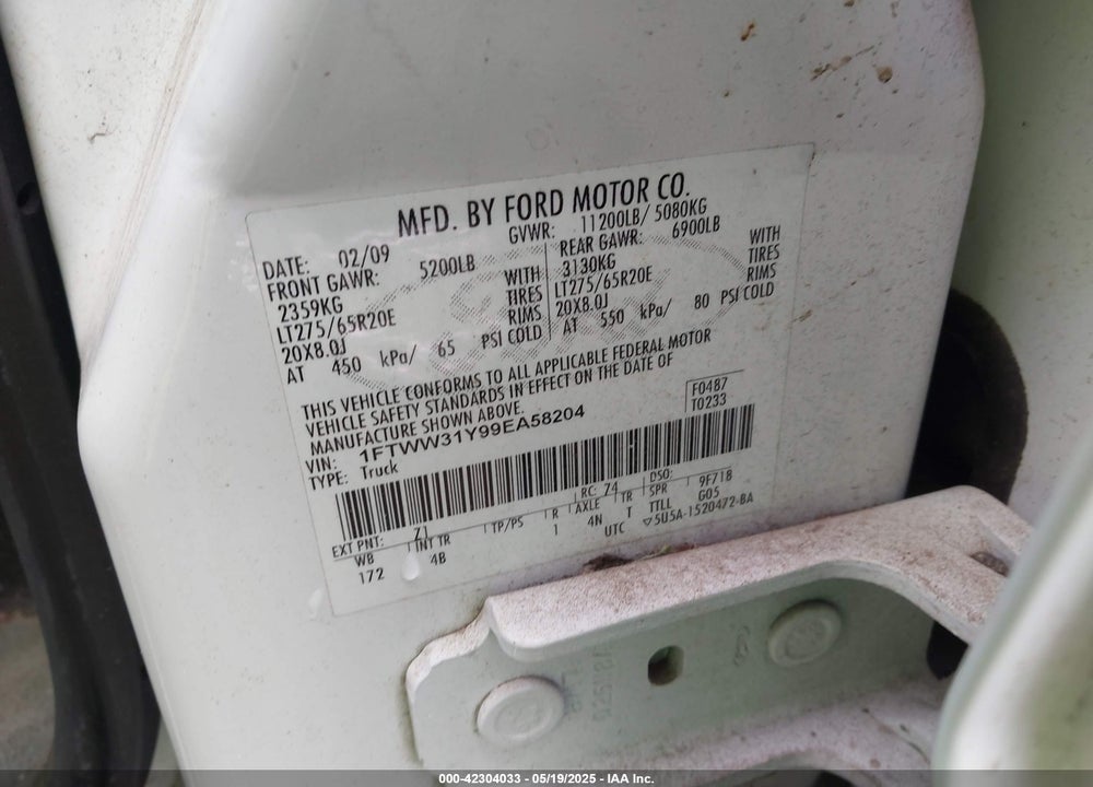2009 FORD F 350 VIN: 1FTWW31Y99EA58204