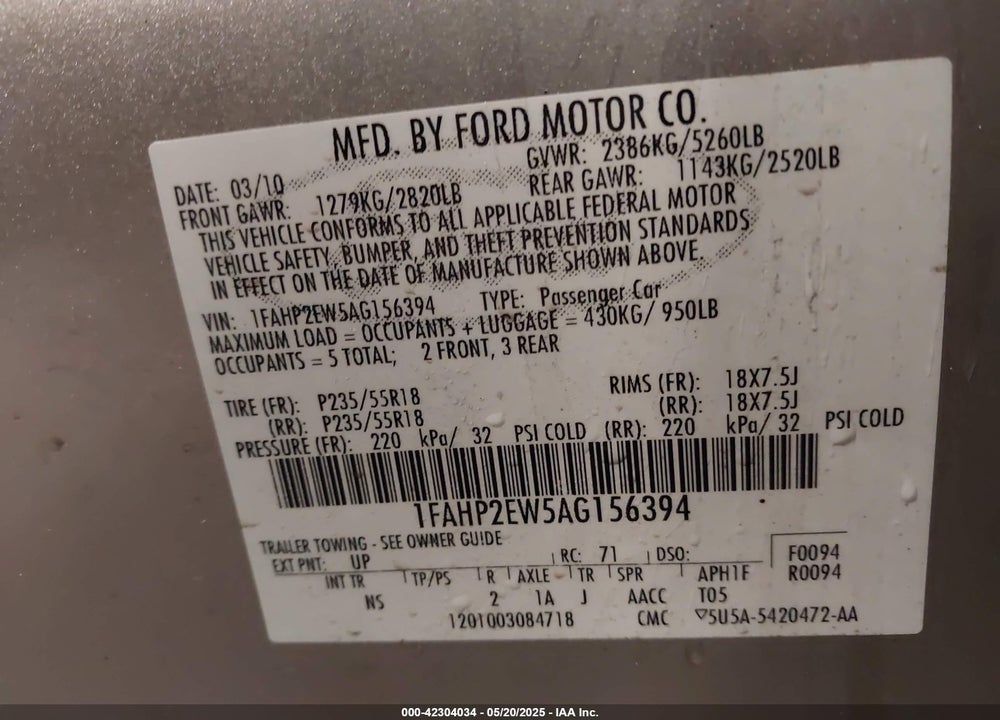 2010 FORD TAURUS VIN: 1FAHP2EW5AG156394