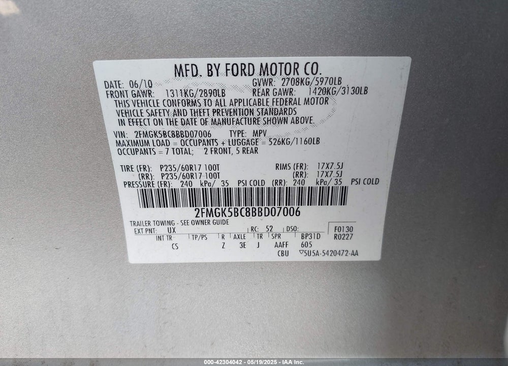 2011 FORD FLEX SE VIN: 2FMGK5BC8BBD07006