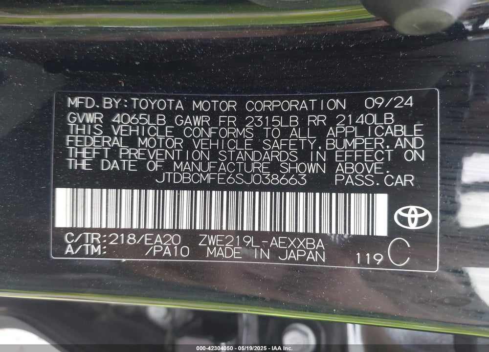 2025 TOYOTA COROLLA HYBRID XLE VIN: JTDBCMFE6SJ038663