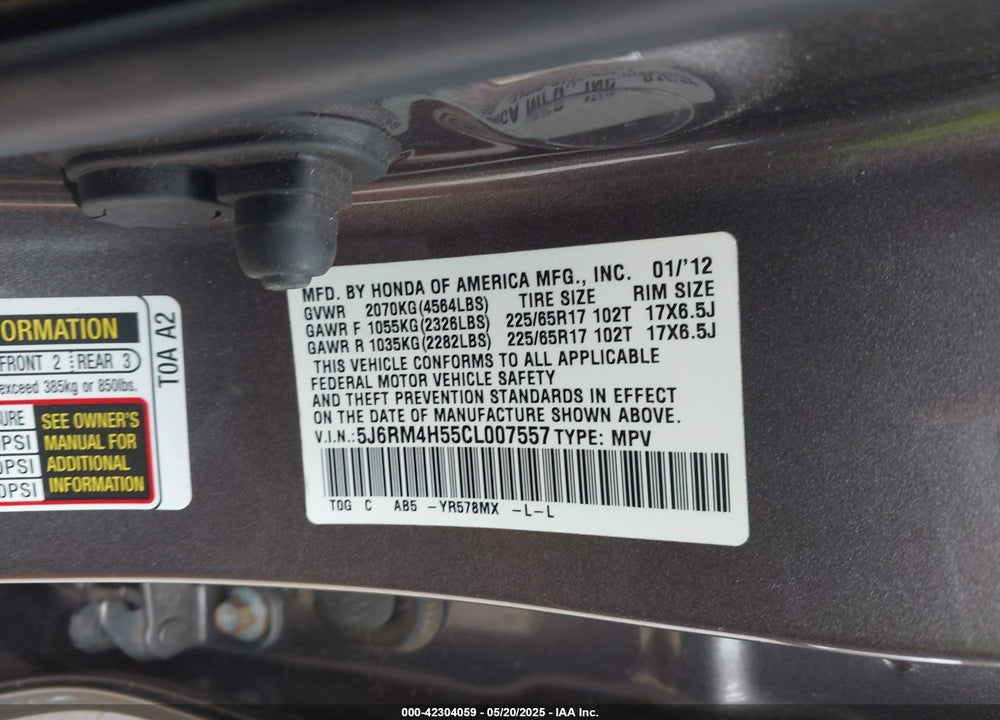 2012 HONDA CR-V EX VIN: 5J6RM4H55CL007557