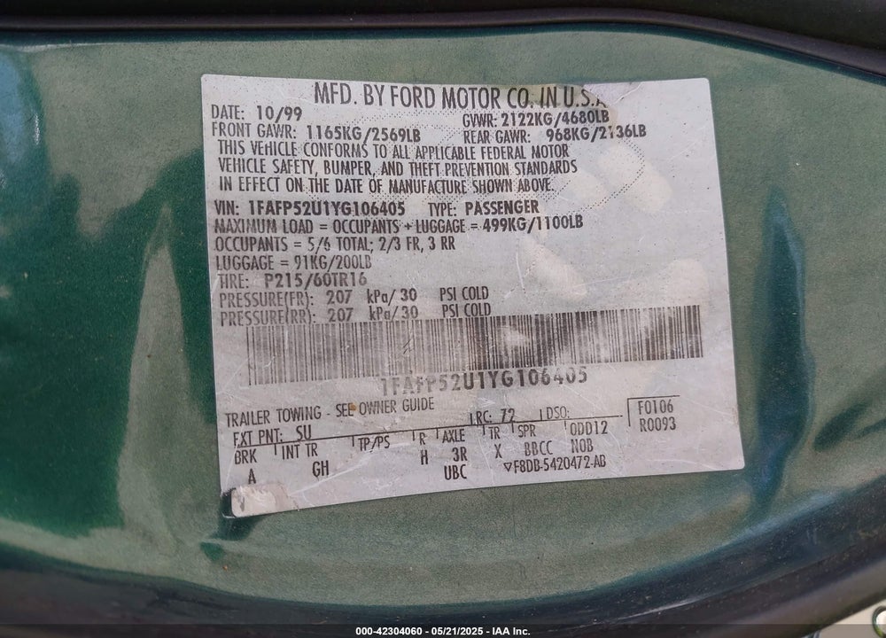 2000 FORD TAURUS LX VIN: 1FAFP52U1YG106405