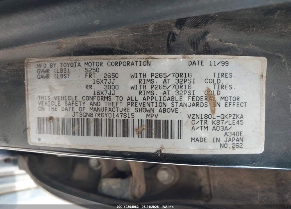 2000 TOYOTA 4RUNNER LIMITED V6 VIN: JT3GN87R6Y0147815