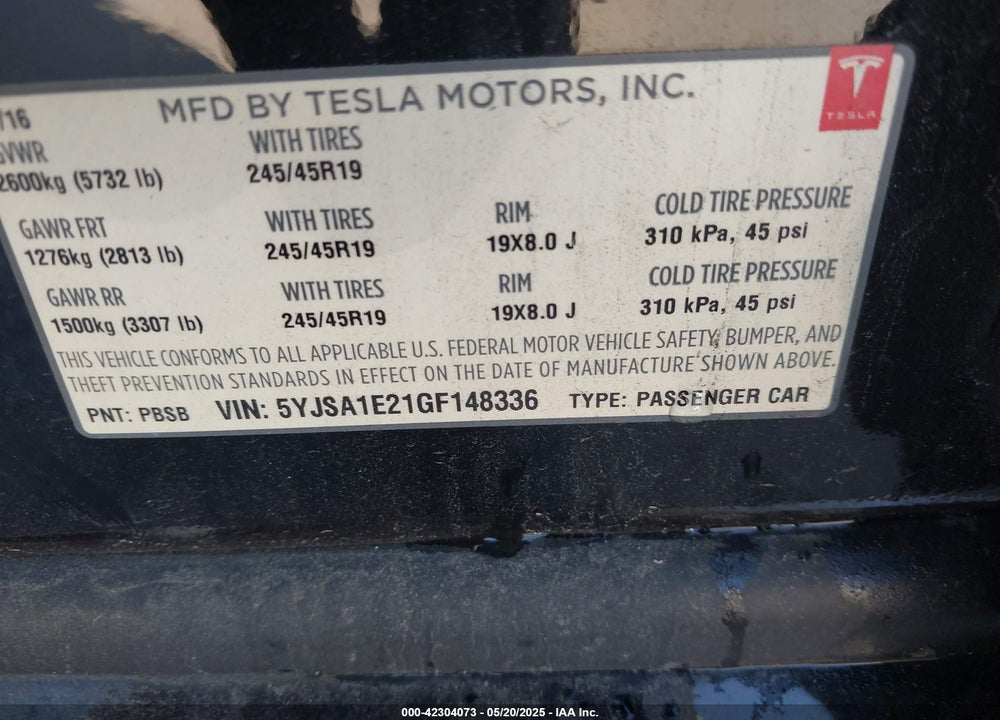 2016 TESLA MODEL S VIN: 5YJSA1E21GF148336