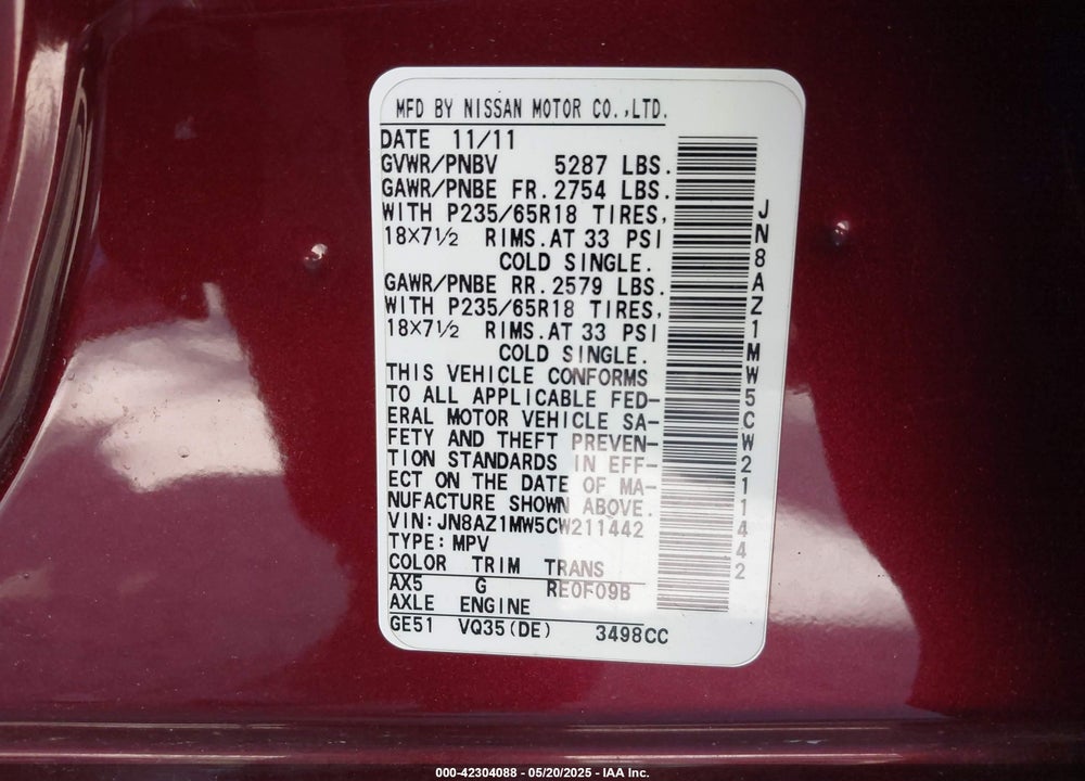 2012 NISSAN MURANO VIN: JN8AZ1MW5CW211442
