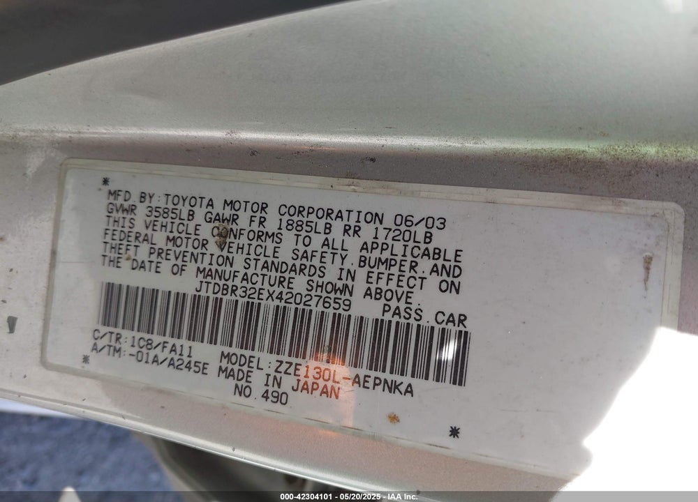2004 TOYOTA COROLLA LE VIN: JTDBR32EX42027659